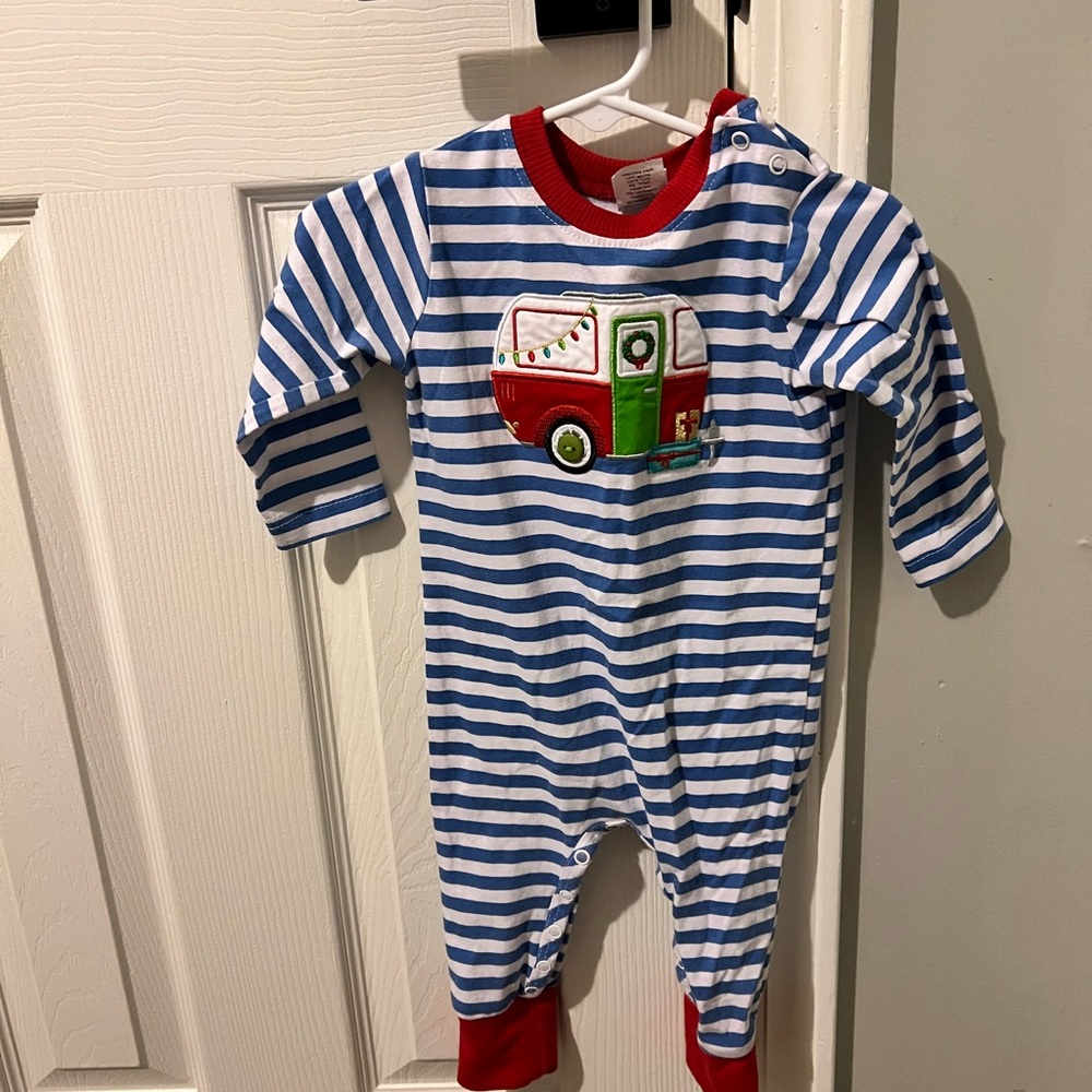 Cozy Striped Blue and White Kids Footie with Red Trim